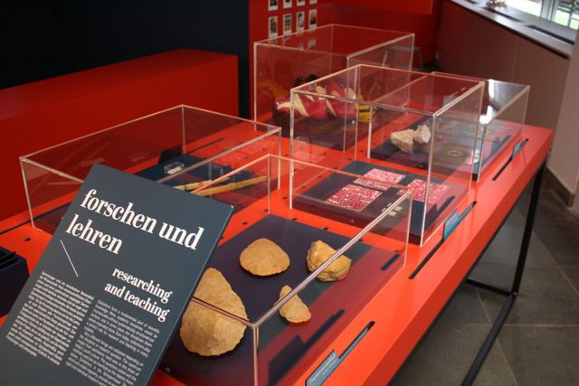 Ein roter Tisch mit Objekten, etwa Felskeilen, zum Thema Forschen und Lehren
