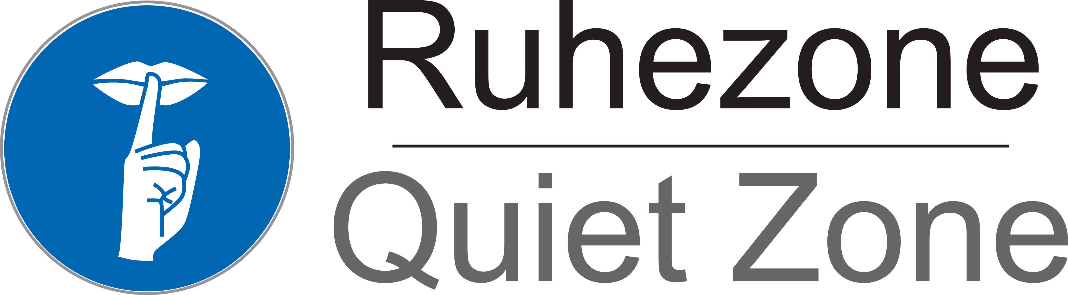 Ein blaues Icon mit einem Finger vor dem Mund und der Text "Ruhezone/Quiet zone"