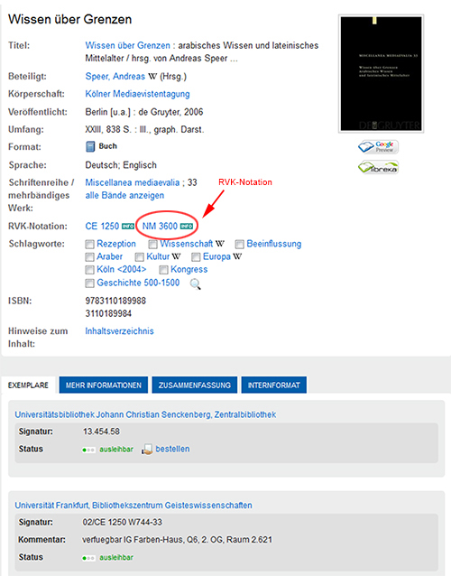 Screenshot Klick auf RVK-Notation