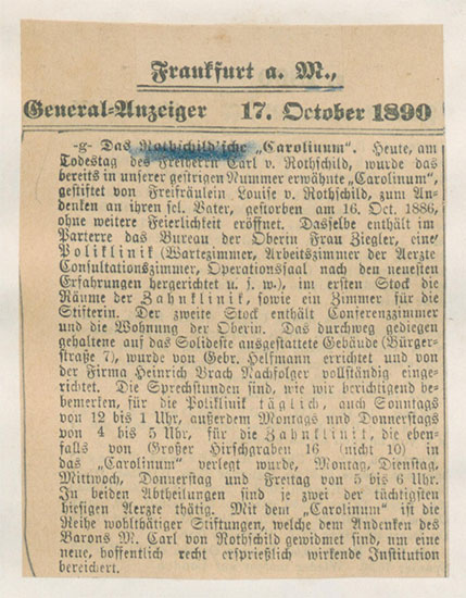 Über die Eröffnung des "Carolinums" berichtet der Generalanzeiger am 17.10.1890