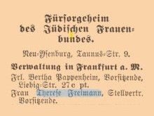 Eine Text in Frakturschrift mit der Überschrift "Fürsorgeheim des Jüdischen Frauenbundes", im Text ist der Name Therese Freimann hervorgehoben