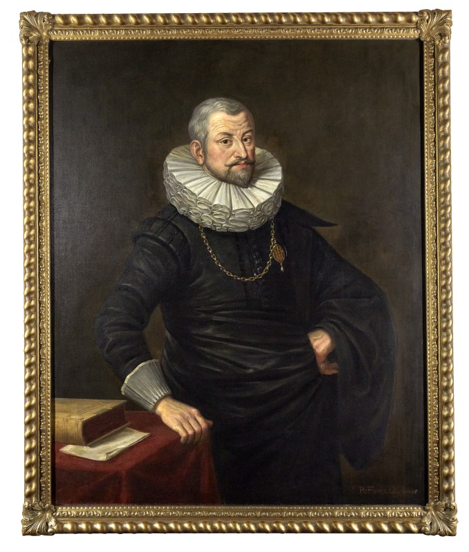 Ölgemälde von Johann Hartmann Beyer, auf dem er an einem Tisch lehnend zu sehen ist.