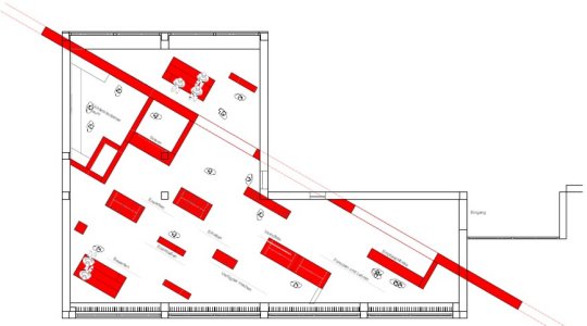 Grundriss des Schopenhauer-Studios mit rot hervorgehobener Diagonale im Raum