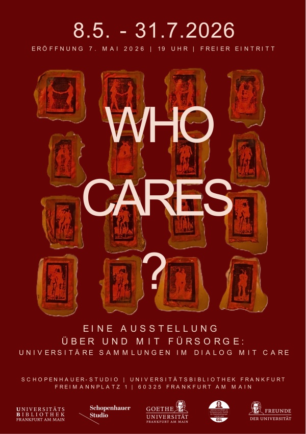 Poster zur Ausstellung "Who Cares" mit dem Ausstellungstitel vor einem roten Hintergrund mit mehreren kleinen Fotografien von zwei Personen