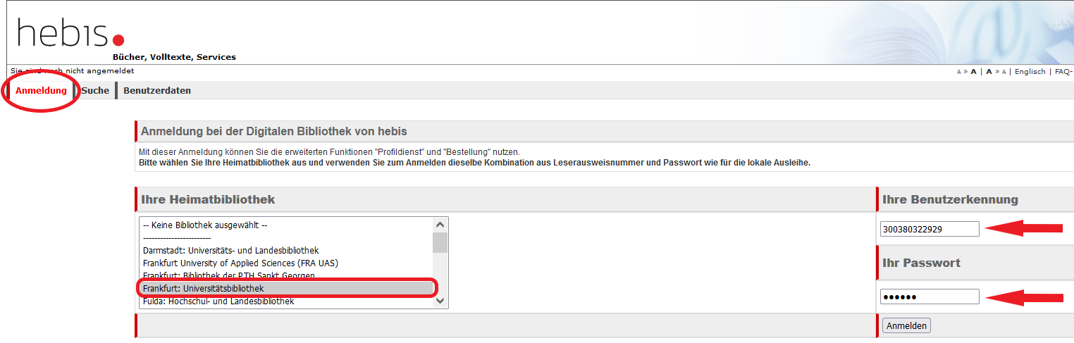 Ein Screenshot des HeBIS-Portals mit geöffneter Maske zur Anmeldung, hervorgehoben sind die Felder zum Auswahl der Heimatbibliothek sowie von Kennung und Passwort