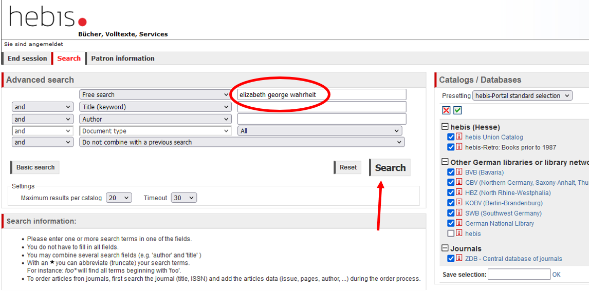 A screenshot of the HeBIS portal with the search mask open, the input field for search terms and the search button are highlighted