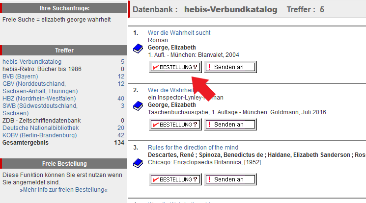 Ein Screenshot des HeBIS-Portals mit Trefferliste zu einer Suchanfrage, hervorgehoben ist der Bestllung-Button
