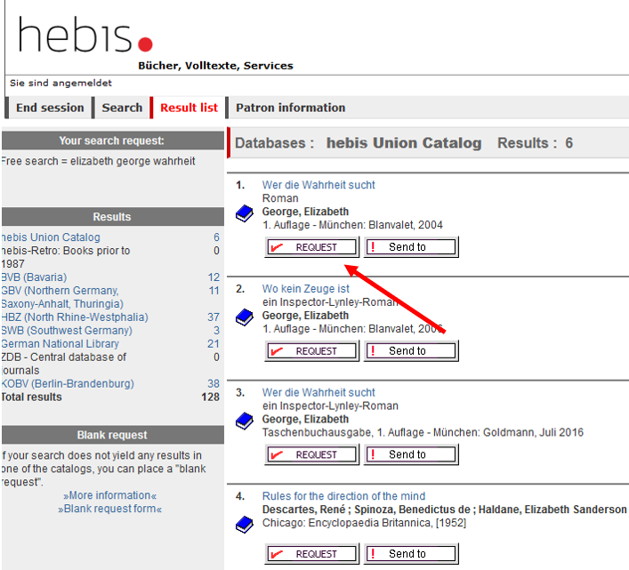 A screenshot of the HeBIS portal with a hit list for a search query, the confirmation button is highlighted