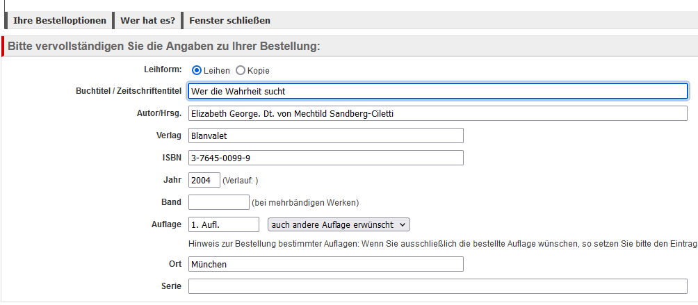 Ein Screenshot des HeBIS-Portals mit geöffneter Maske zur Ergänzung von Angaben zur Bestellung, etwa dem Buchtitel oder der ISBN-Nummer