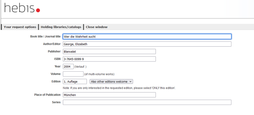 A screenshot of the HeBIS portal with an open screen for adding details to the order, such as the book title or ISBN number