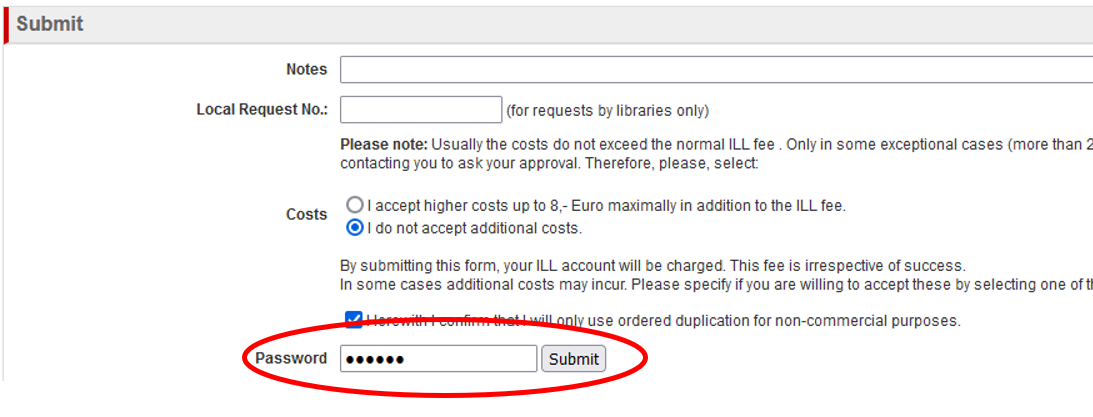 A screenshot of the HeBIS portal with the screen open for submitting an order, with the password input field and the submit button highlighted