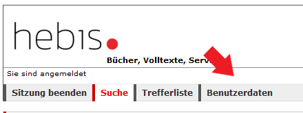 Ein Screenshot des HeBIS-Portals mit der Navigationsleiste, hervorgehoben ist Benutzerdaten-Menüpunkt