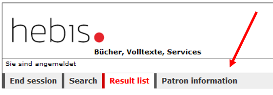 A screenshot of the HeBIS portal with the navigation bar, highlighted is the user data menu item