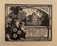Ein Exlibris von Freiherr Adolph von Holzhausen. Darauf ist das Wappen der Holzhausen (3 Rosen) zu sehen und ein Gebäude, das Holzhausen-Schlösschen in Frankfurt am Main