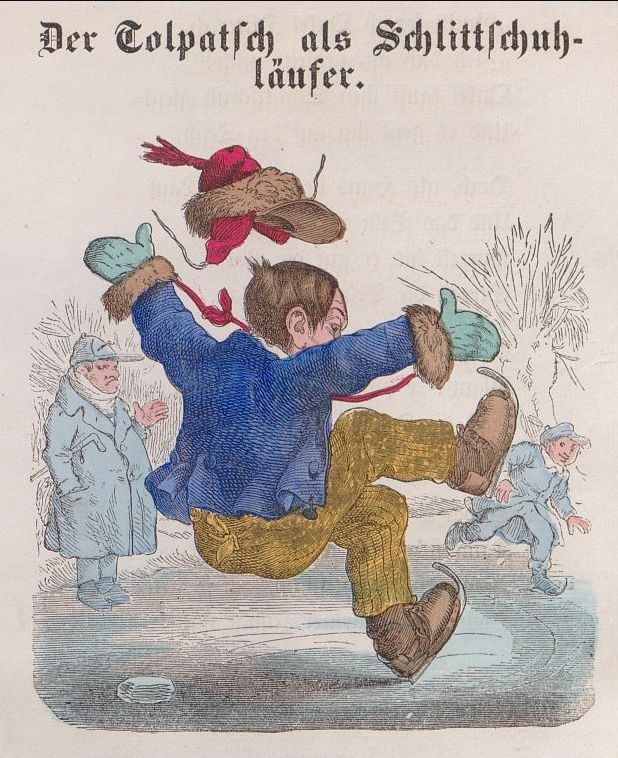 Eine Seite aus dem Buch "Der Tolpatsch", die einen Jungen zeigt, der gerade beim Schlittschuhfahren hinfällt.
