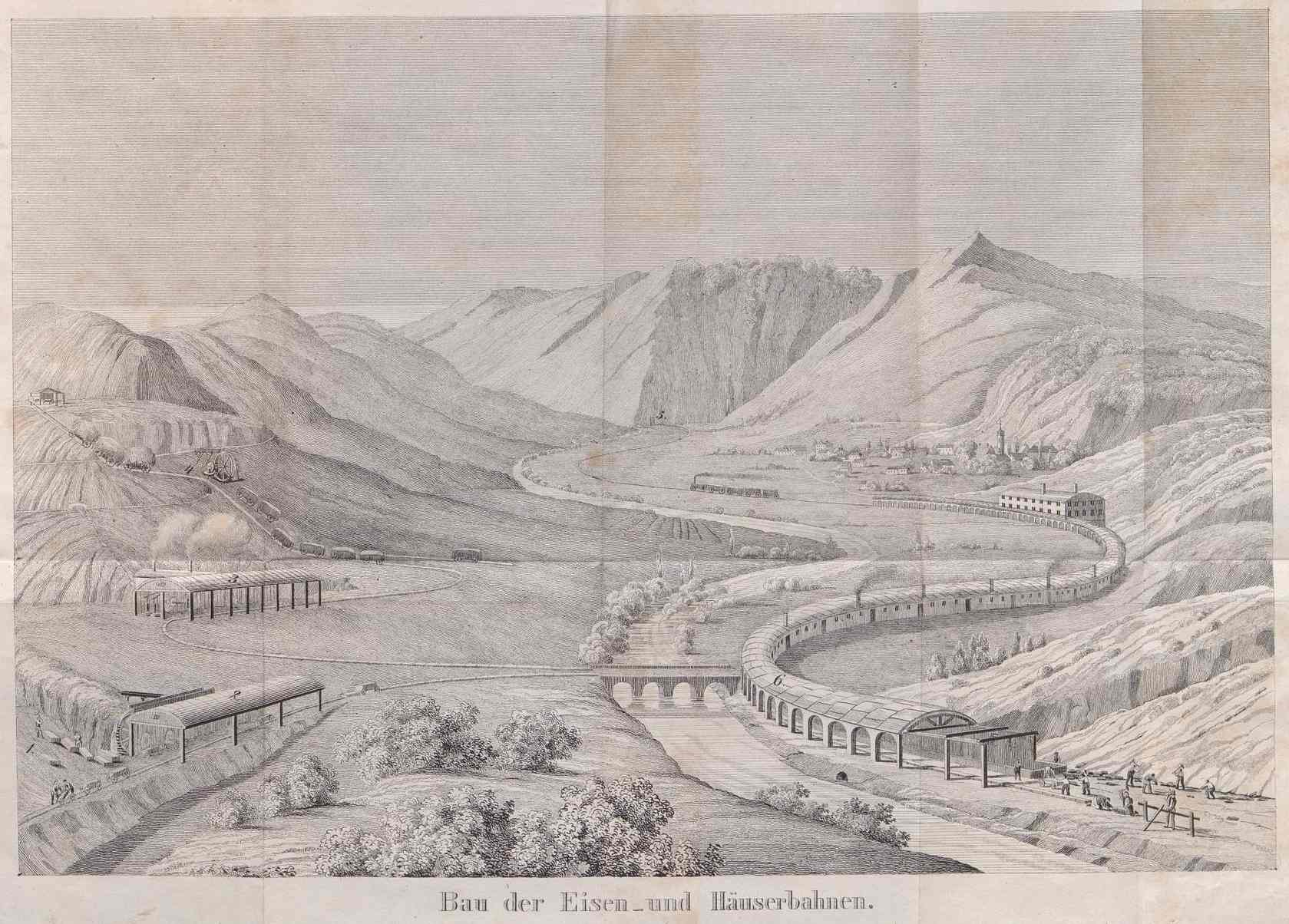 Tafel mit Landschaftszeichnung und Eisenbahnstrecken