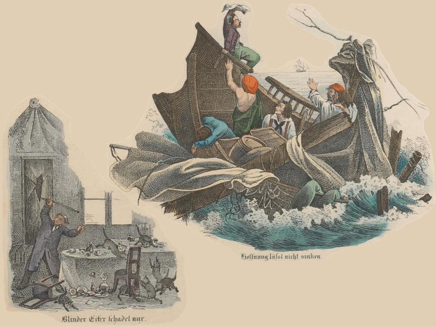 Zwei Illustrationen aus dem Buch, ein verwüsteter Raum und darunter der Text "Blinder Eifer schadet nur" sowie eine Abbildung von Schiffsbrüchigen und darunter "Hoffnung lässt nicht sinken"