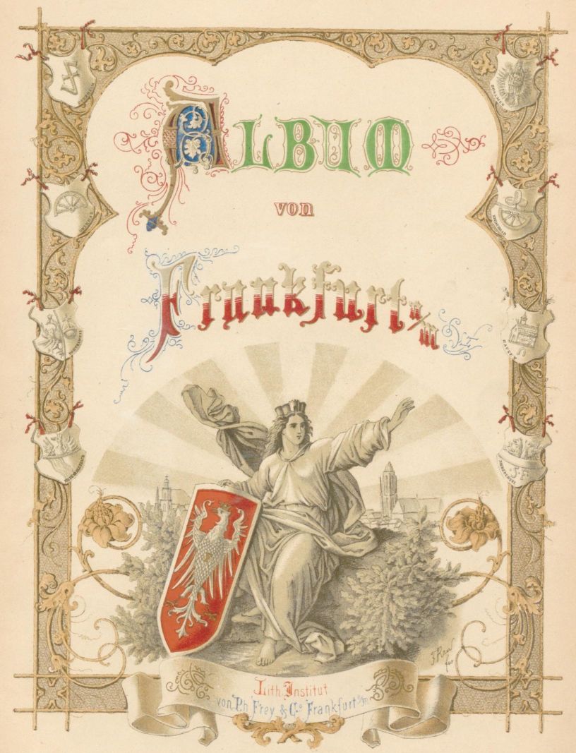 Titelblatt des Albums von Frankfurt mit Francofortia und Stadtwappen