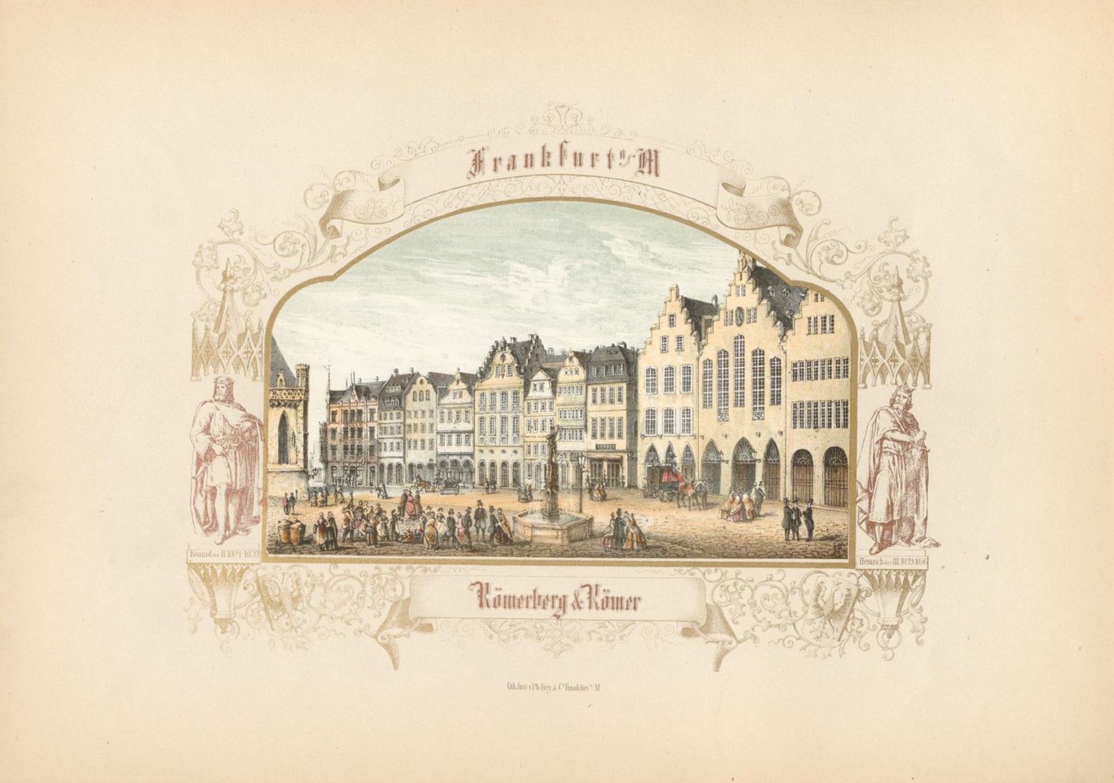 Lithographie des Römbergs aus dem 19. Jahrhundert mit Häuserzeile sowie Abbildungen von Kaiser Konrad II. und Heinrich III.