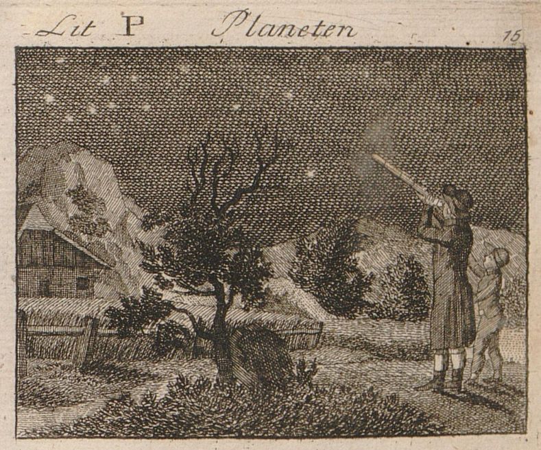 Tafel aus dem Buch mit einem Stich von zwei Kindern, die draußen mit dem Fernrohr in den Nachthimmel schauen