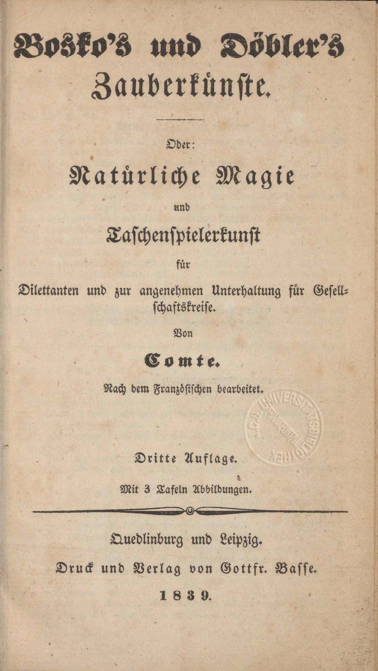 Titelblatt zu "Bosko's und Döbler's Zauberkünste", darauf der Buchtitel, Untertitel und Angaben zum Verlag in Frakturschrift